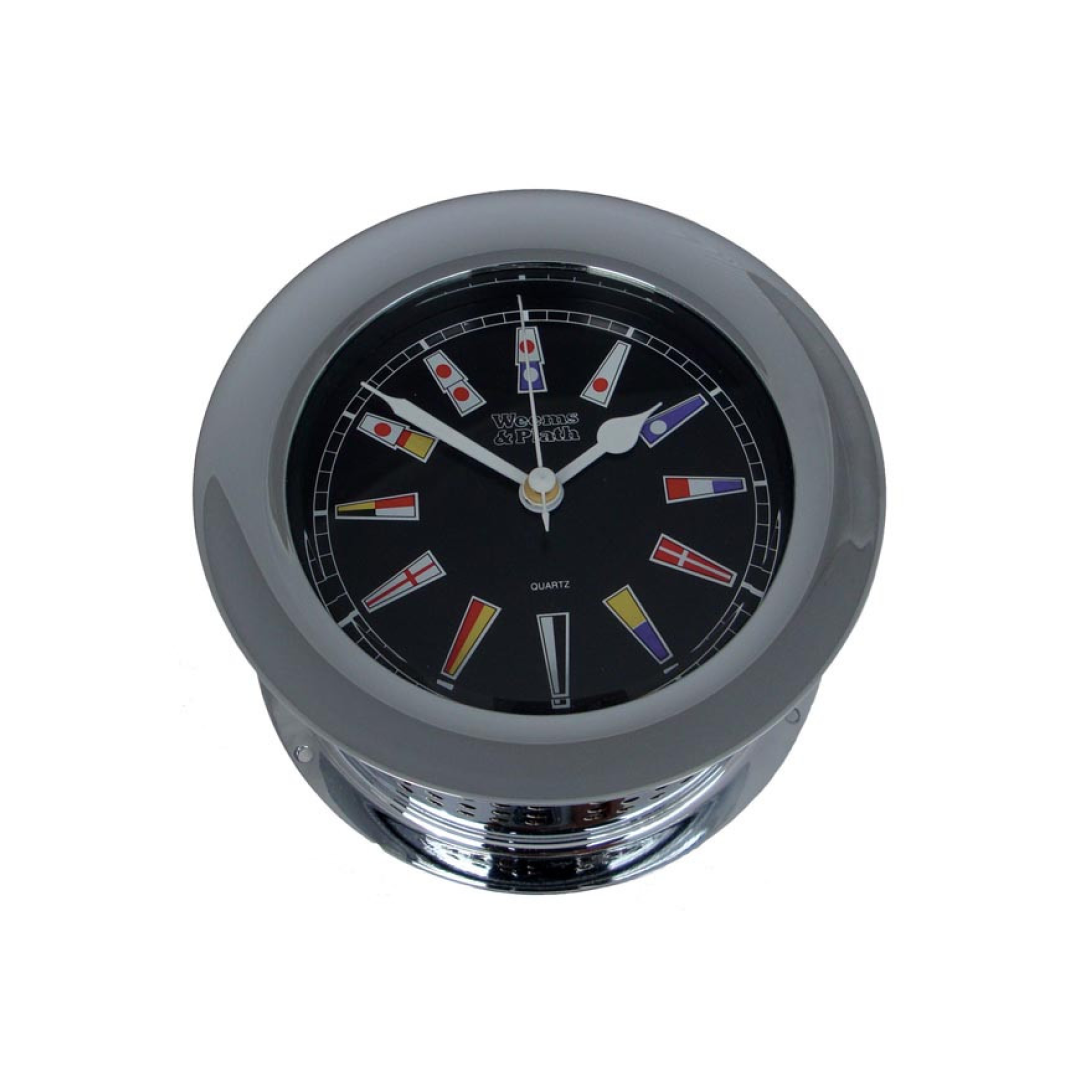 W&P Chrome Plated Atlantis Quartz Clock (Black Dial) W/Color Flags